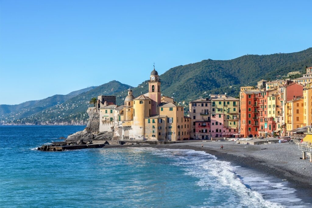Coastal landscape of Camogli with historic town and Mediterranean waters