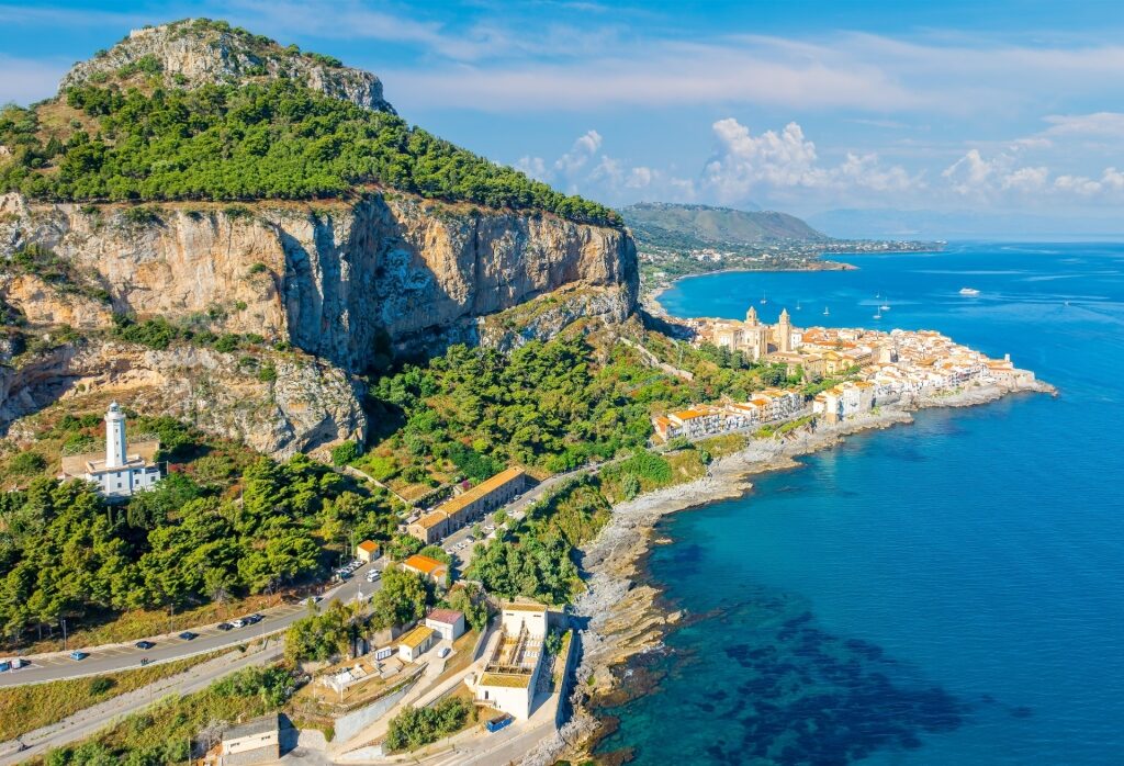 Aerial view of Cefalù, Sicily showing historic town and coastline