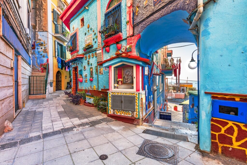 Charming narrow alleyway in Vietri Sul Mare, Italy with colorful buildings