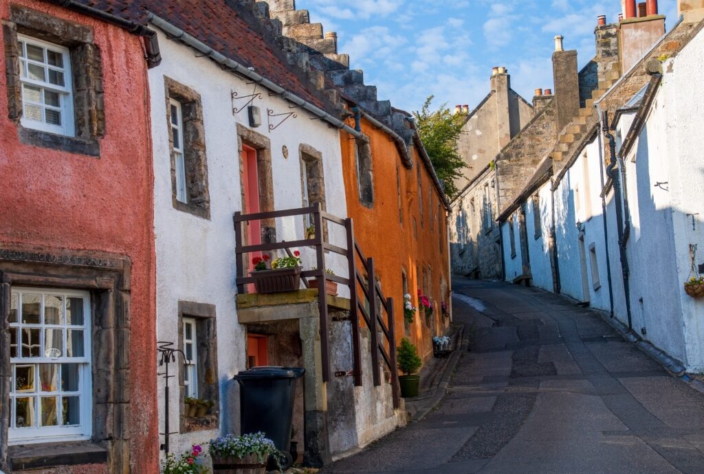 Charming narrow street in Culross with old stone and timber homes