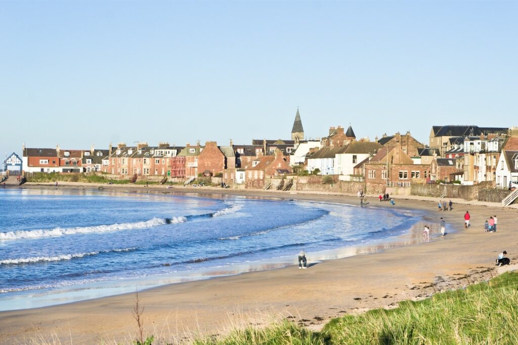 Sandy beach with the town of North Berwick, Scotland