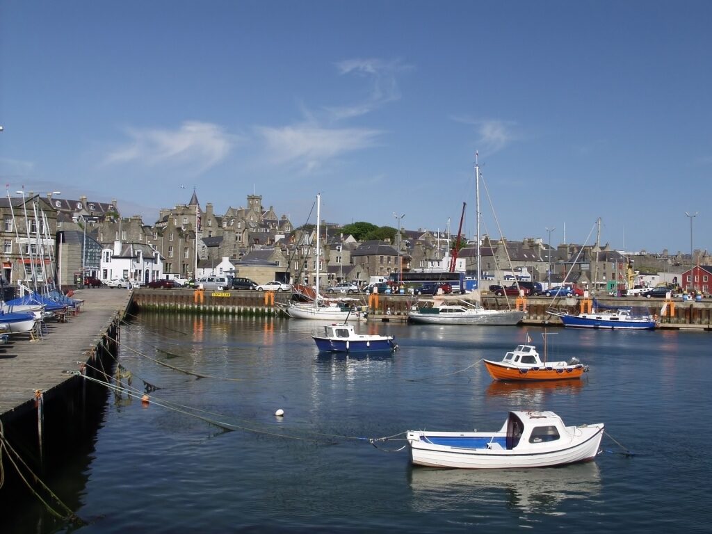 Lerwick Harbor in the Shetland Islands with docked fishing boats