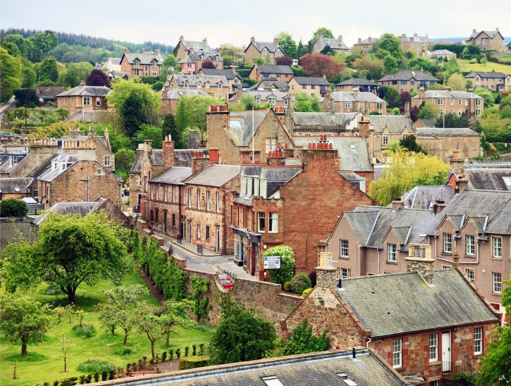 Historic houses in Melrose, Scotland with traditional stone architecture