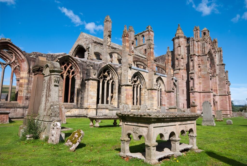 Exterior view of Melrose Abbey ruins in Scotland