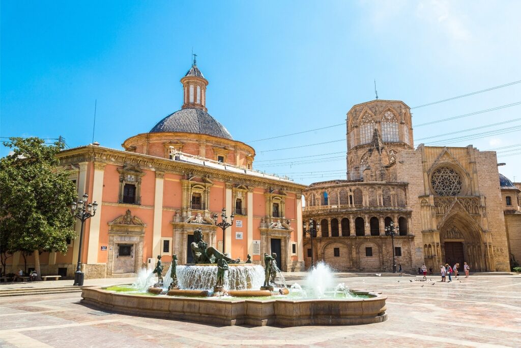 Square of Saint Mary with Rio Turia fountain in Valencia, Spain