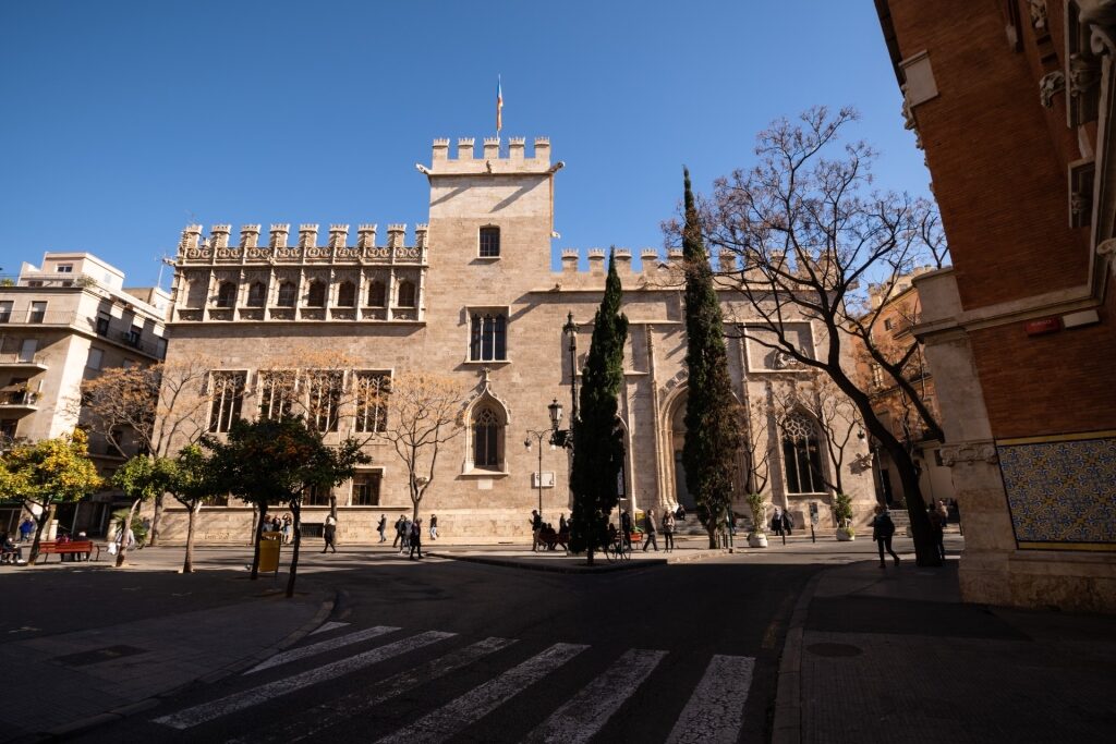 Exterior view of Llotja de la Seda, the historic Silk Exchange in Valencia, Spain