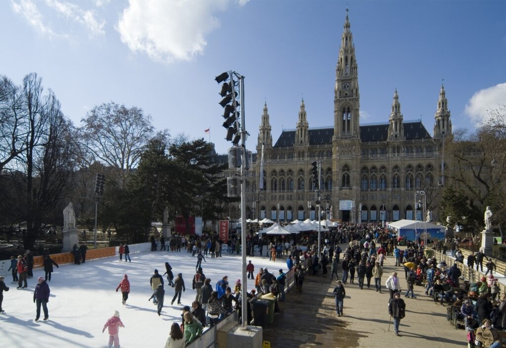 Wiener Eistraum ice skating rink at Rathausplatz Vienna in winter