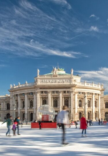 Outdoor ice skating at Rathausplatz Vienna in winter