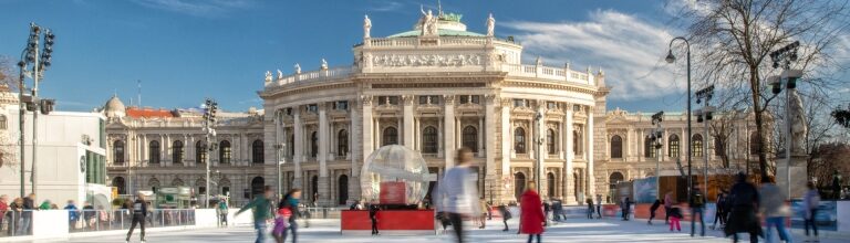 Outdoor ice skating at Rathausplatz Vienna in winter