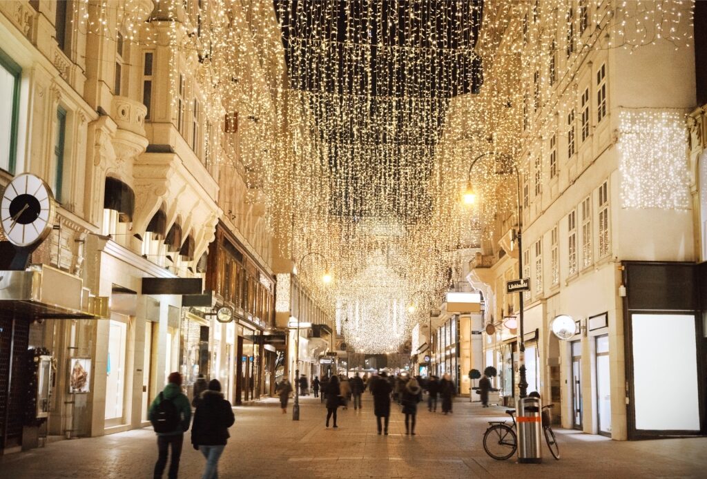 Nighttime view of Vienna Old Town with festive holiday lighting