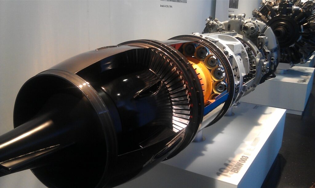 Historic airplane engines on display inside the BMW Museum Munich