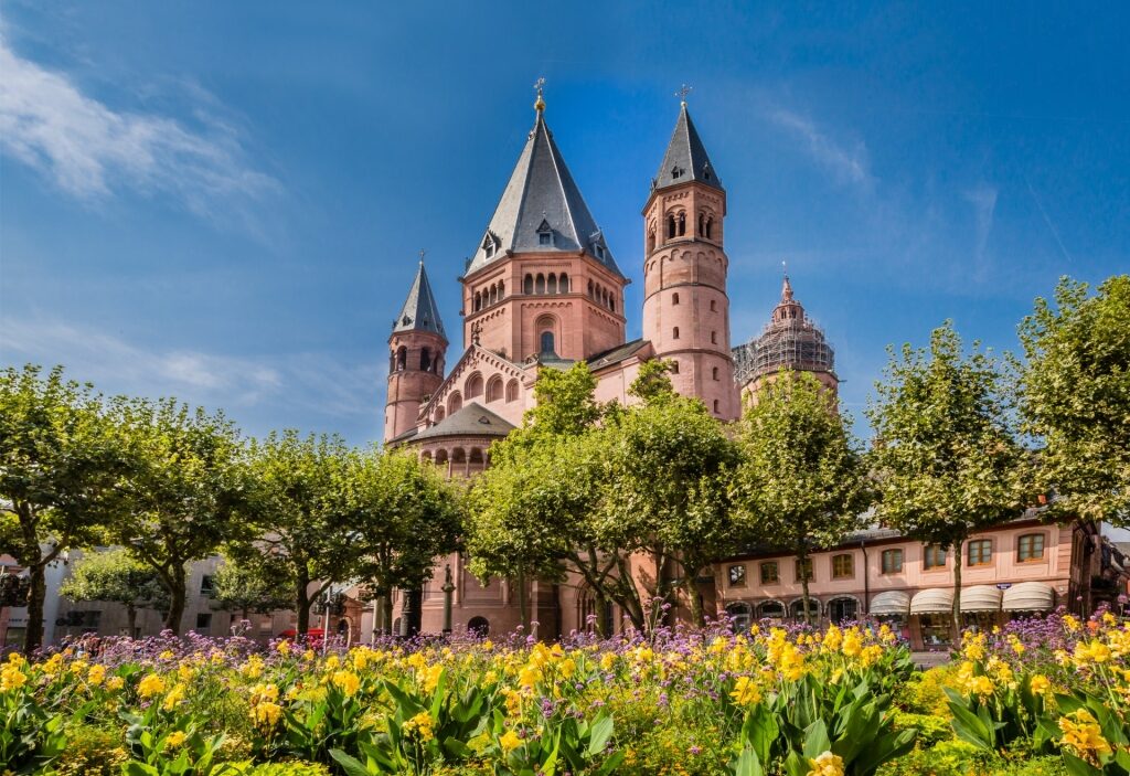 Exterior view of Mainzer Dom with trees and spring flowers in Germany