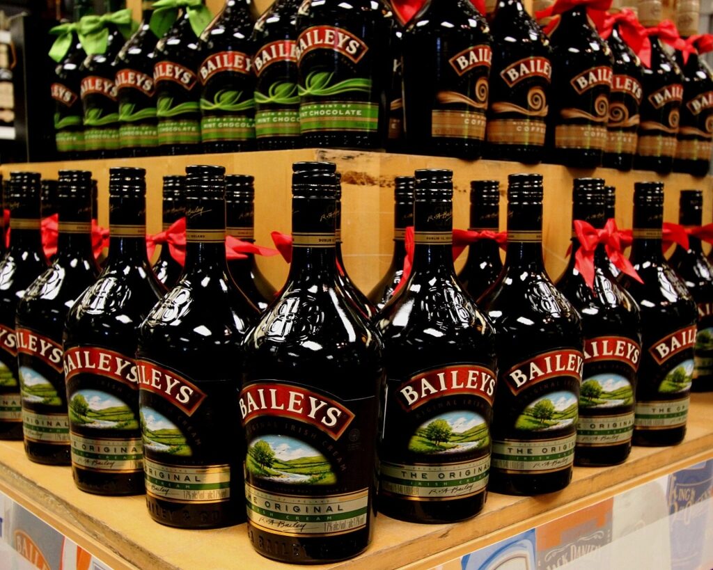 Display of Baileys Irish Cream bottles on a store shelf