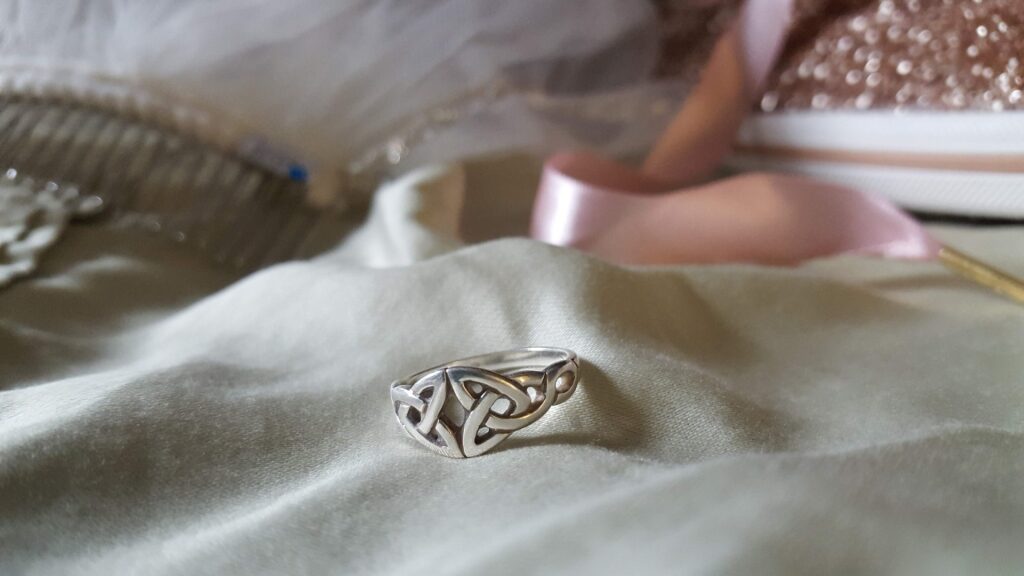 Close-up of Celtic knot ring showcasing traditional Irish patterns