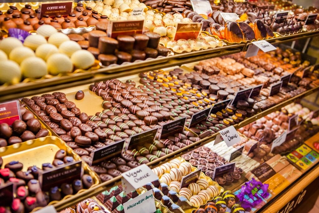 Assorted chocolate pralines displayed at the English Market in Ireland