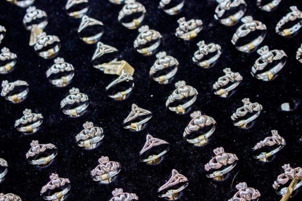 Traditional Irish Claddagh rings with different symbols