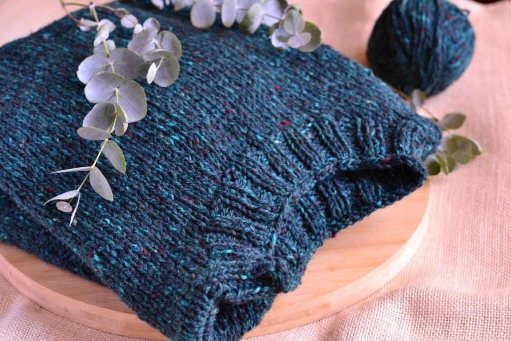 Hand-knitted Irish Tweed wool sweater with cozy winter texture