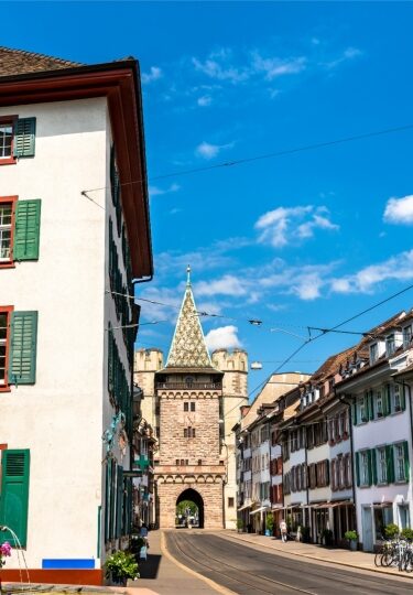 Spalen Gate and nearby fountain in Basel Old Town