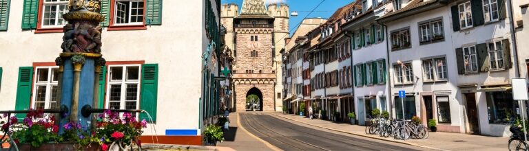 Spalen Gate and nearby fountain in Basel Old Town