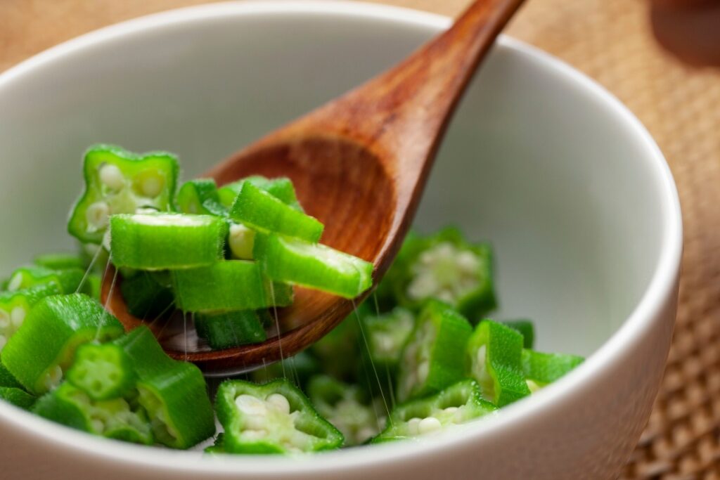 Close-up of freshly boiled and cut okra