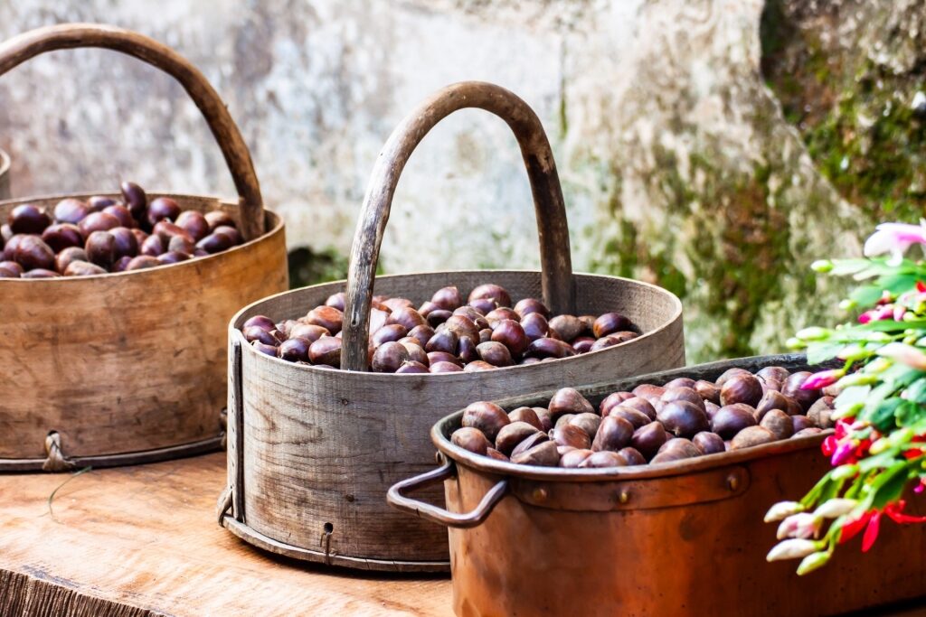 Basket of fresh Italian chestnuts for sale at a mountain festival
