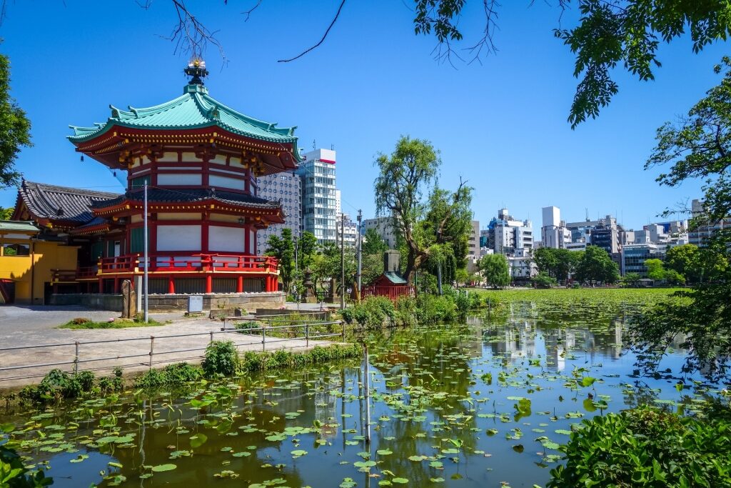 Pond and temple hall view in Ueno Park, Tokyo