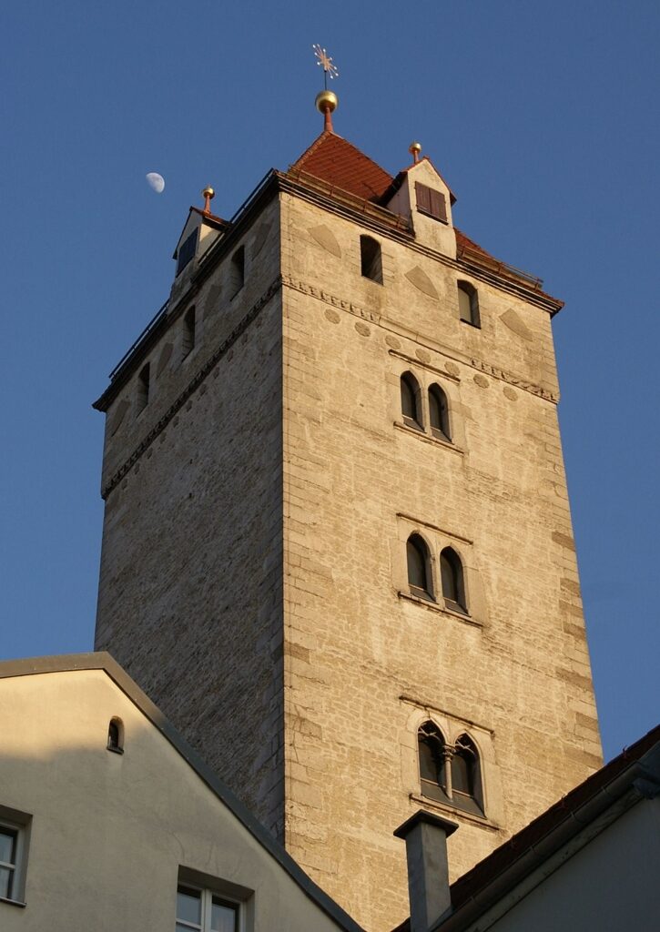 View of the Golden Tower, a historic medieval tower in Regensburg