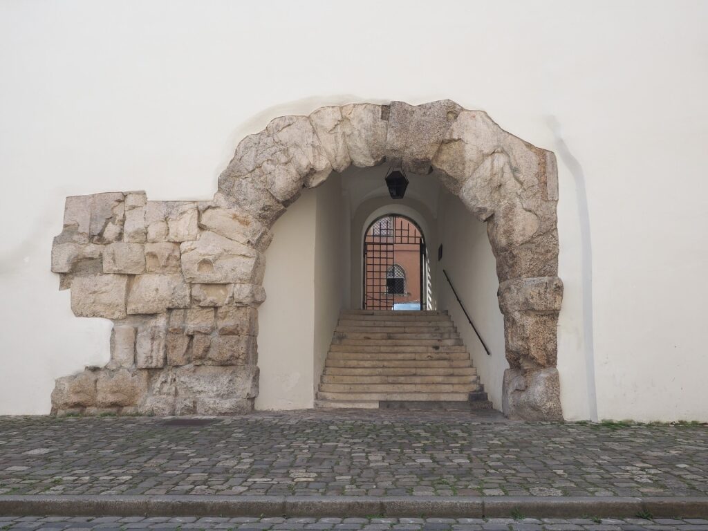 Preserved remains of Porta Praetoria Roman gate in Regensburg, Germany