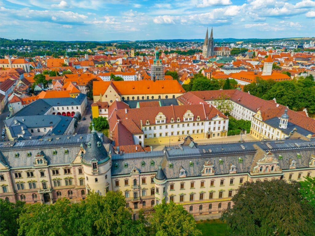 Aerial view of St. Emmeram’s Palace complex in Regensburg, Germany