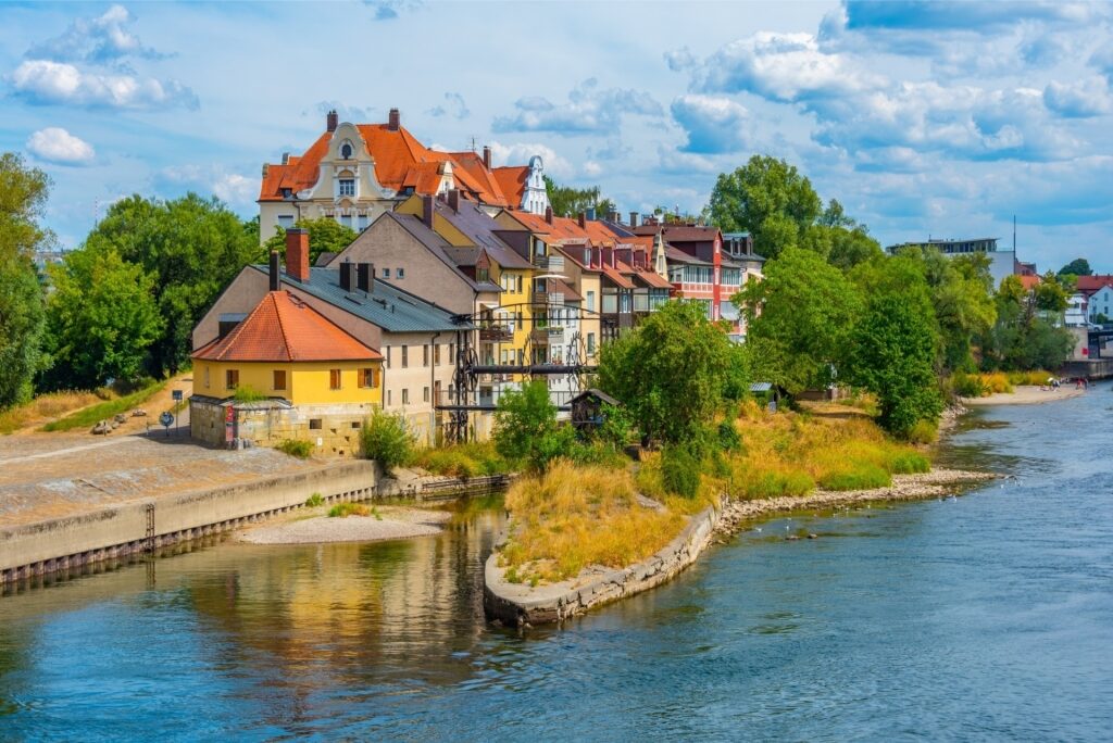 Colorful houses at the Danube riverfront in Regensburg