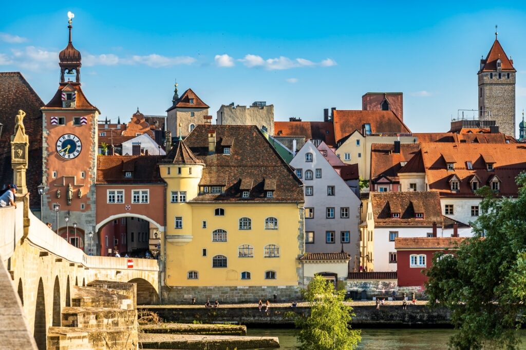 Colorful medieval buildings in Regensburg’s old town