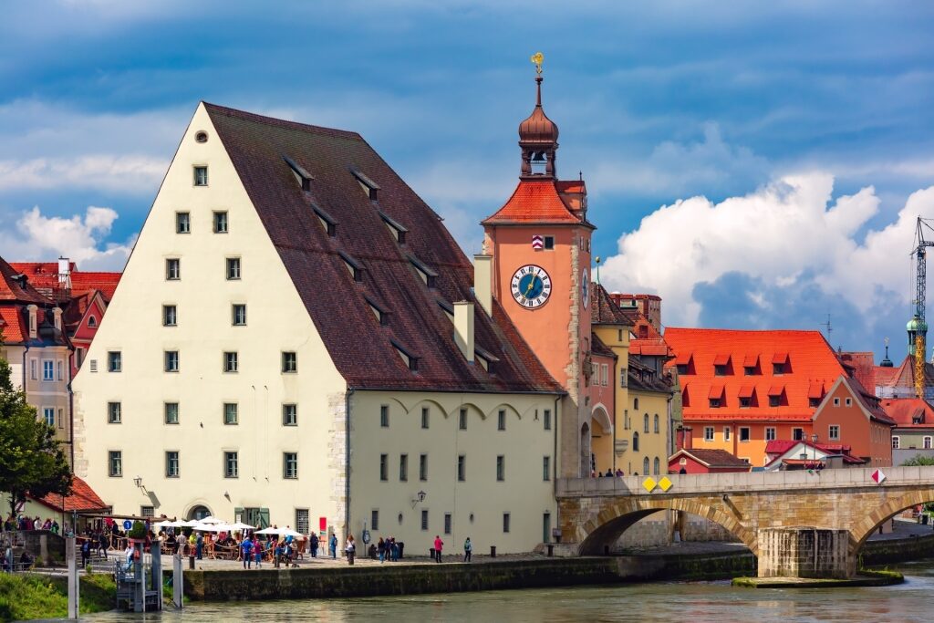 Bridge tower and historic Salzstadel salt barn in Regensburg, Germany