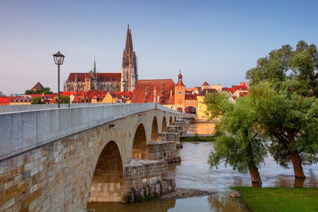 View of Regensburg with Old Stone Bridge over the Danube and St. Peter Cathedral