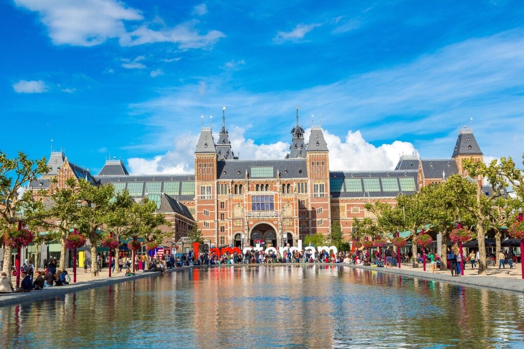 Exterior view of Rijksmuseum, Amsterdam under bright sky