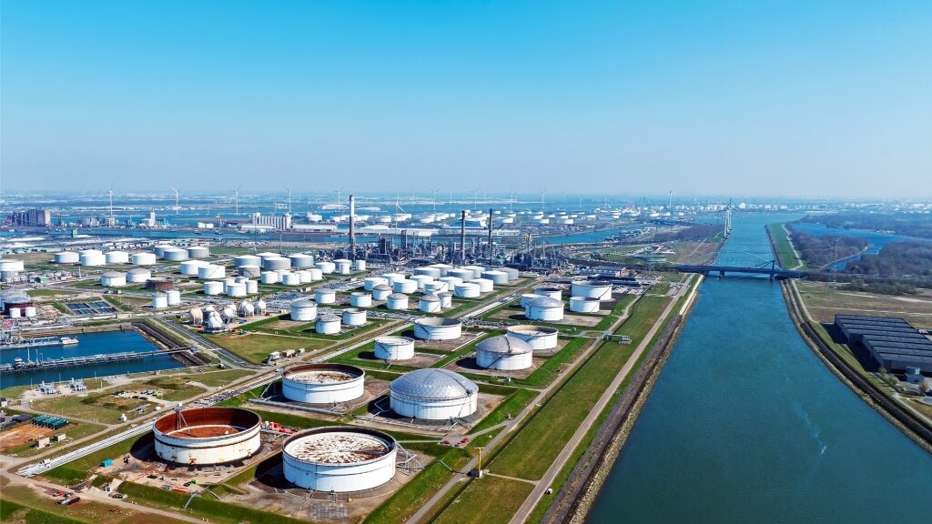Aerial view of Rotterdam’s vast harbor and industrial port