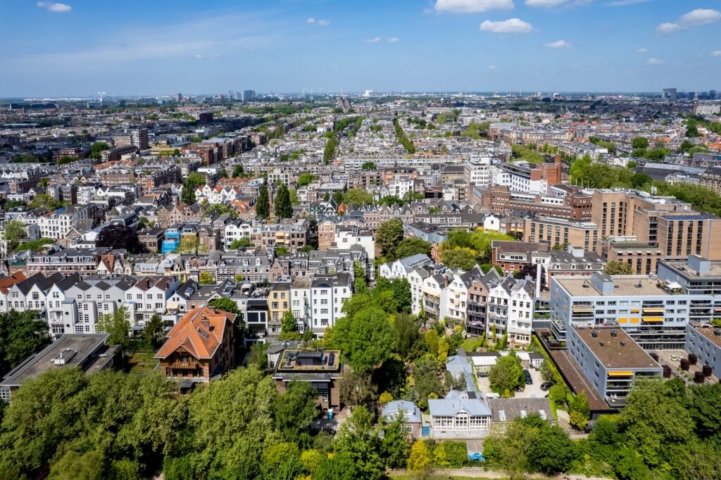 Aerial view of Amsterdam cityscape with historic buildings
