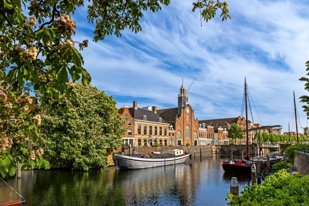 Delfshaven district with the iconic Oude Kerk overlooking the canal