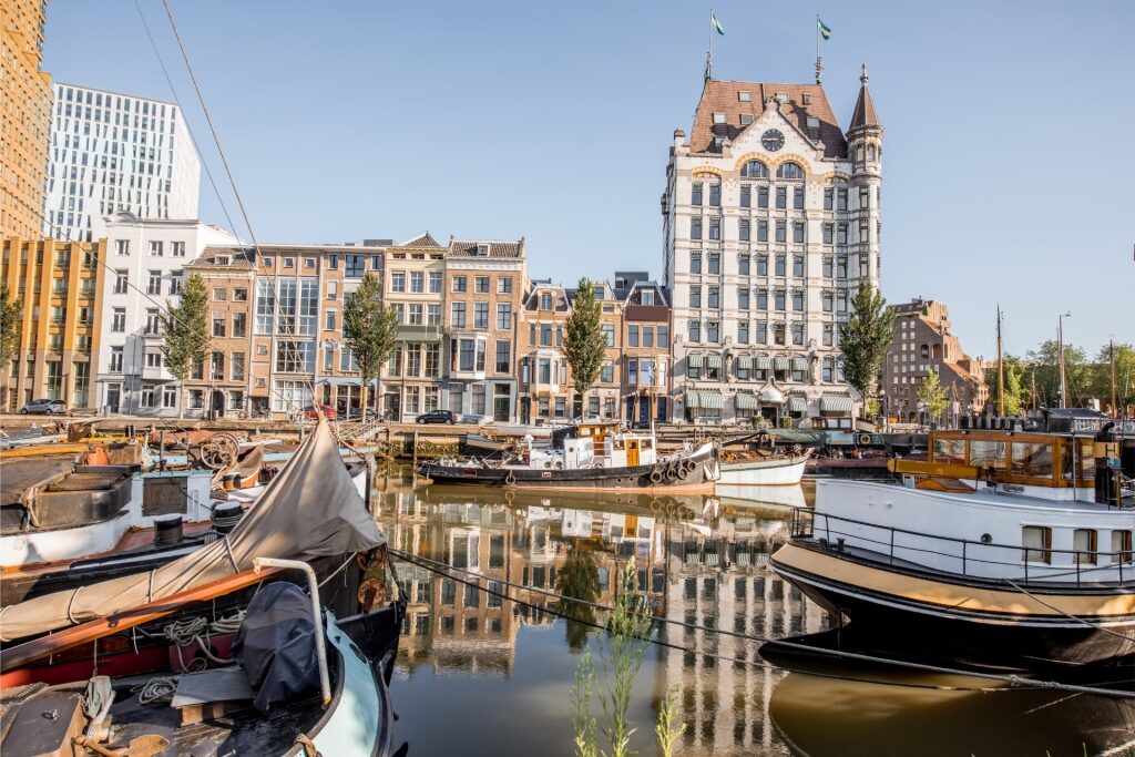 Boats moored in the old part of Wijnhaven in Rotterdam