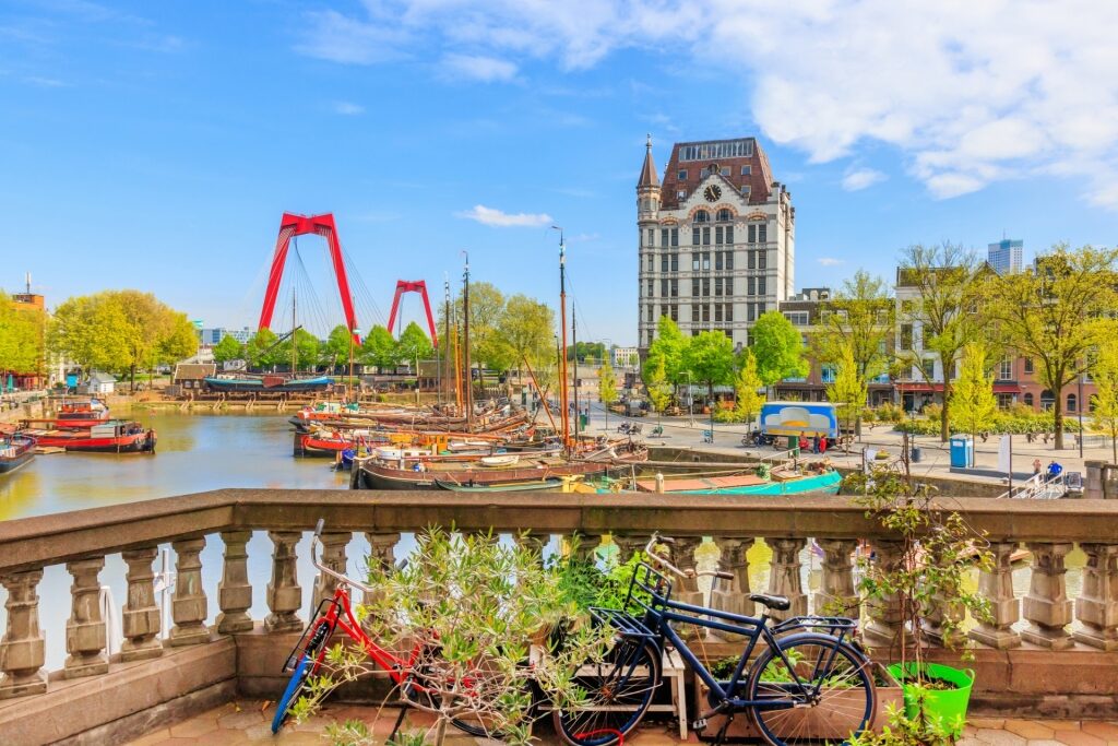 View of Oude Haven in Rotterdam from a balcony overlooking the harbor