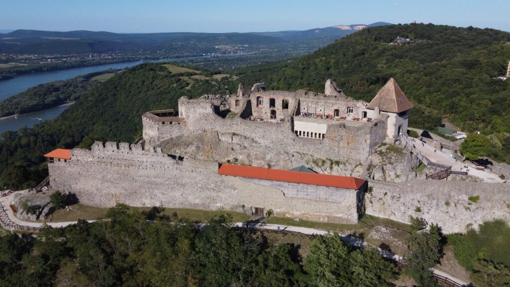 Aerial landscape with Visegrád Castle atop its scenic hilltop