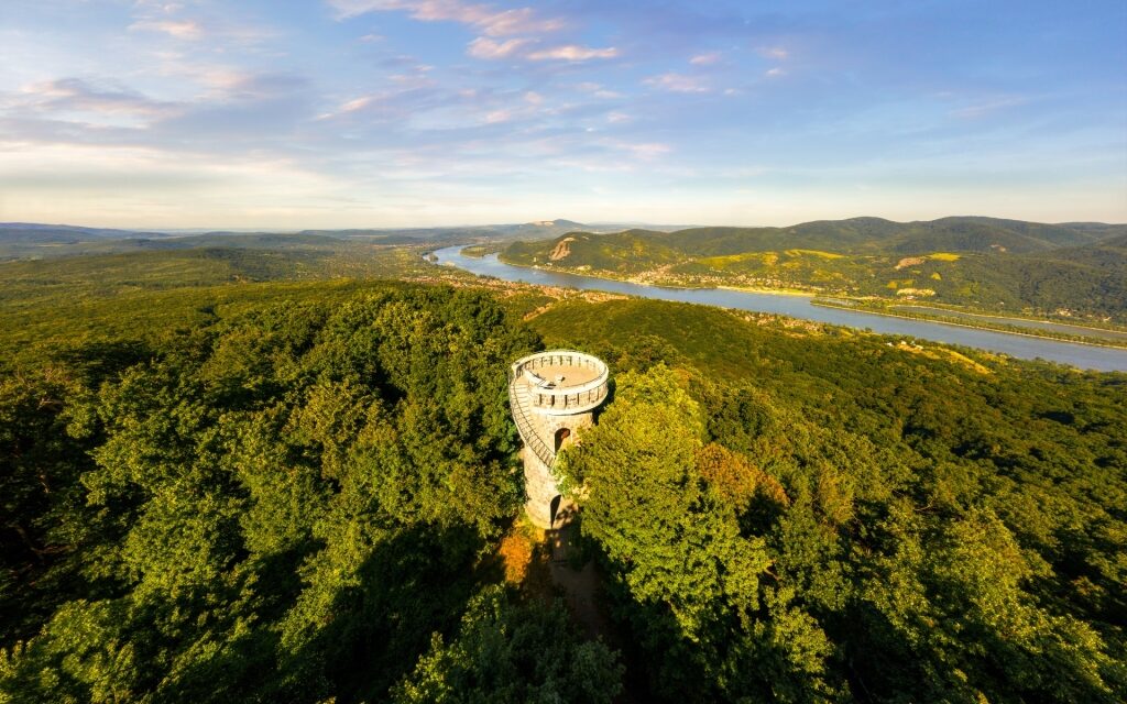 Aerial view of Julianus Lookout Tower overlooking the surrounding hills