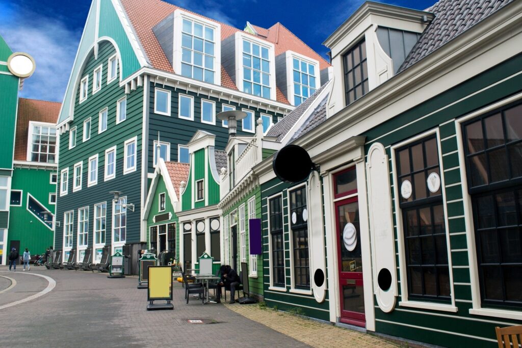 Zaandam Center street lined with green building facades