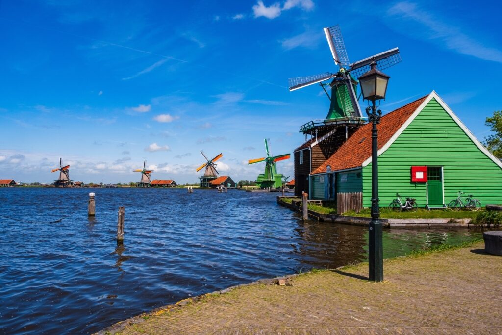 Waterfront view of historic windmills at Zaanse Schans