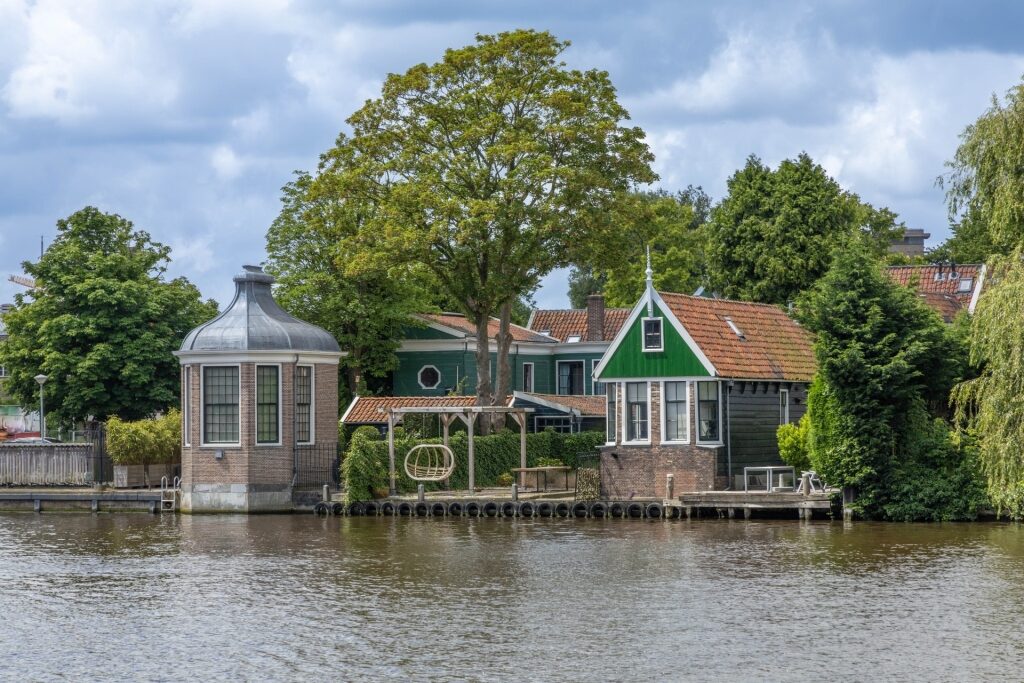 Traditional houses along the water in Zaandam, Netherlands