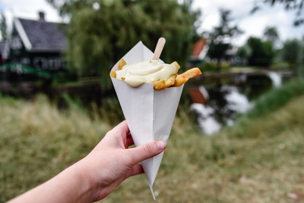 Hand holding a cone of french fries topped with mayonnaise