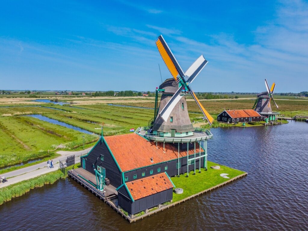Aerial view of traditional windmills at Zaanse Schans in the Netherlands