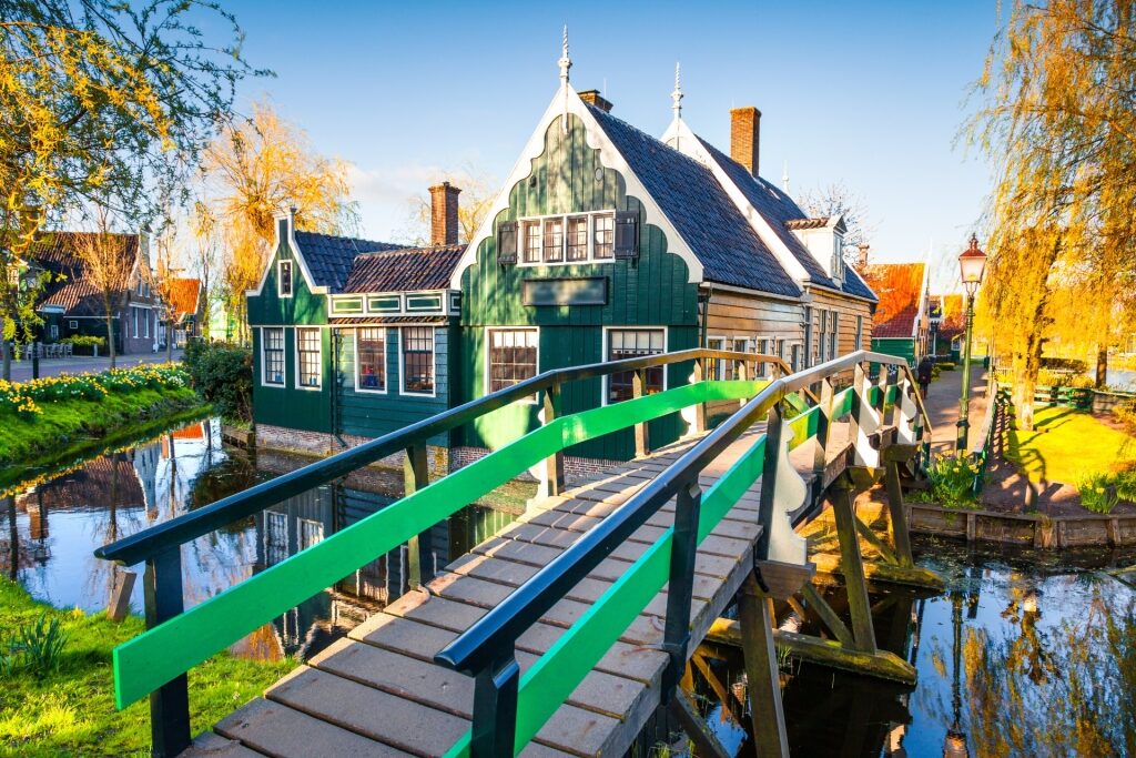 Scenic Zaanse Schans view with canal, bridge, and traditional houses