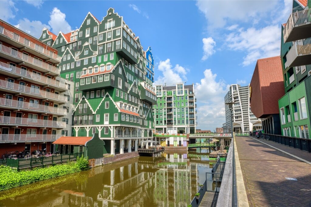 Modern hotel and stacked houses architecture in Zaandam city center