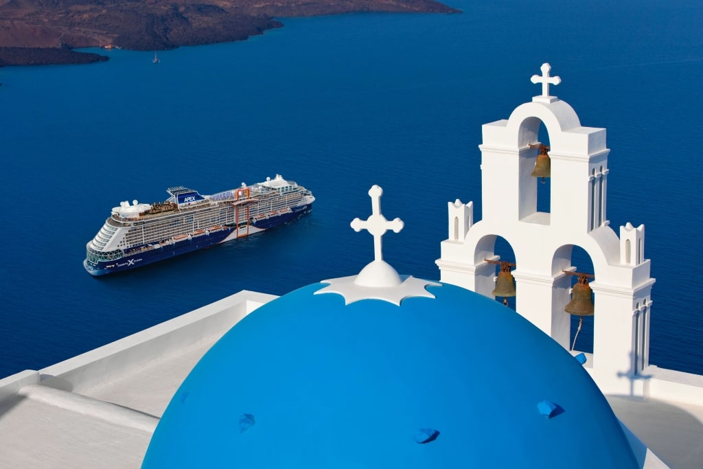 Iconic Three Bells of Fira in Santorini, Greece.
