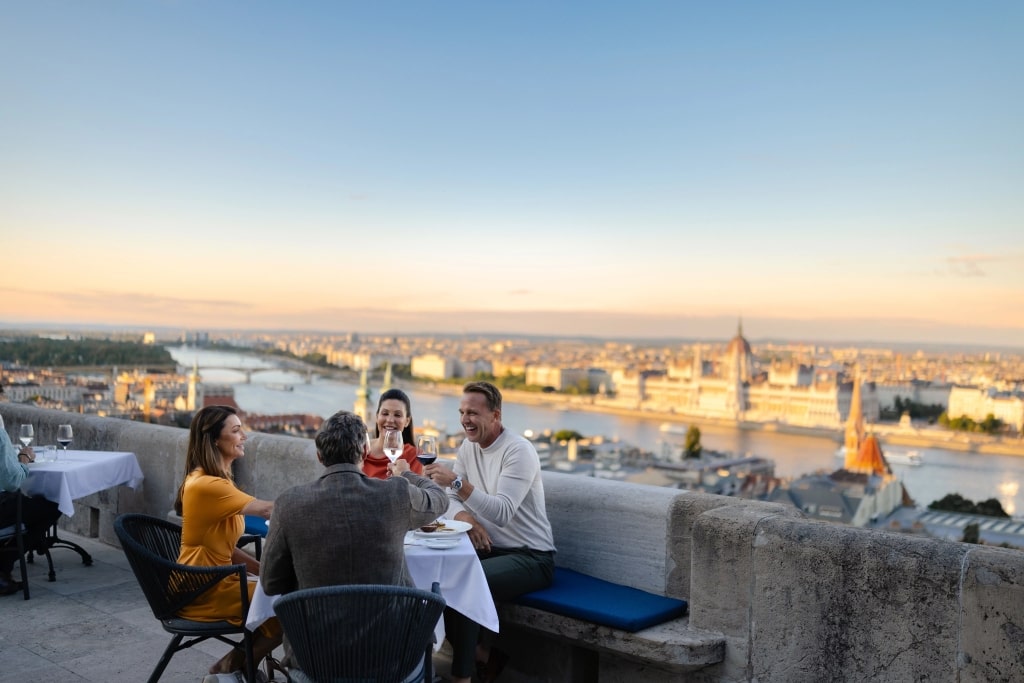 This picture shows a dining terrace located at the Fisherman’s Bastion Restaurant in Budapest, Hungary.